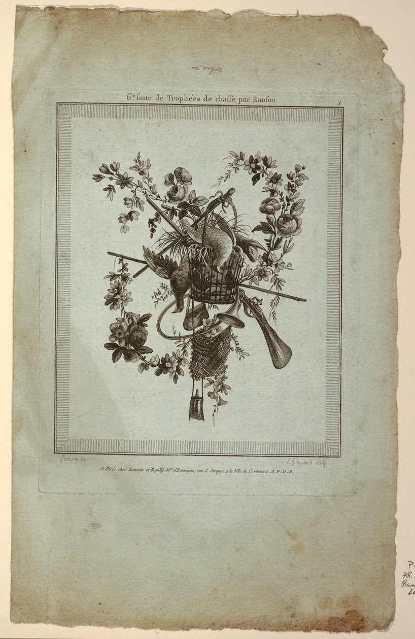 Trophy with Implements of the Hunt, plate 1 fra "Suite de Trophées de chasse," Suite VI av Etienne Claude Voysard