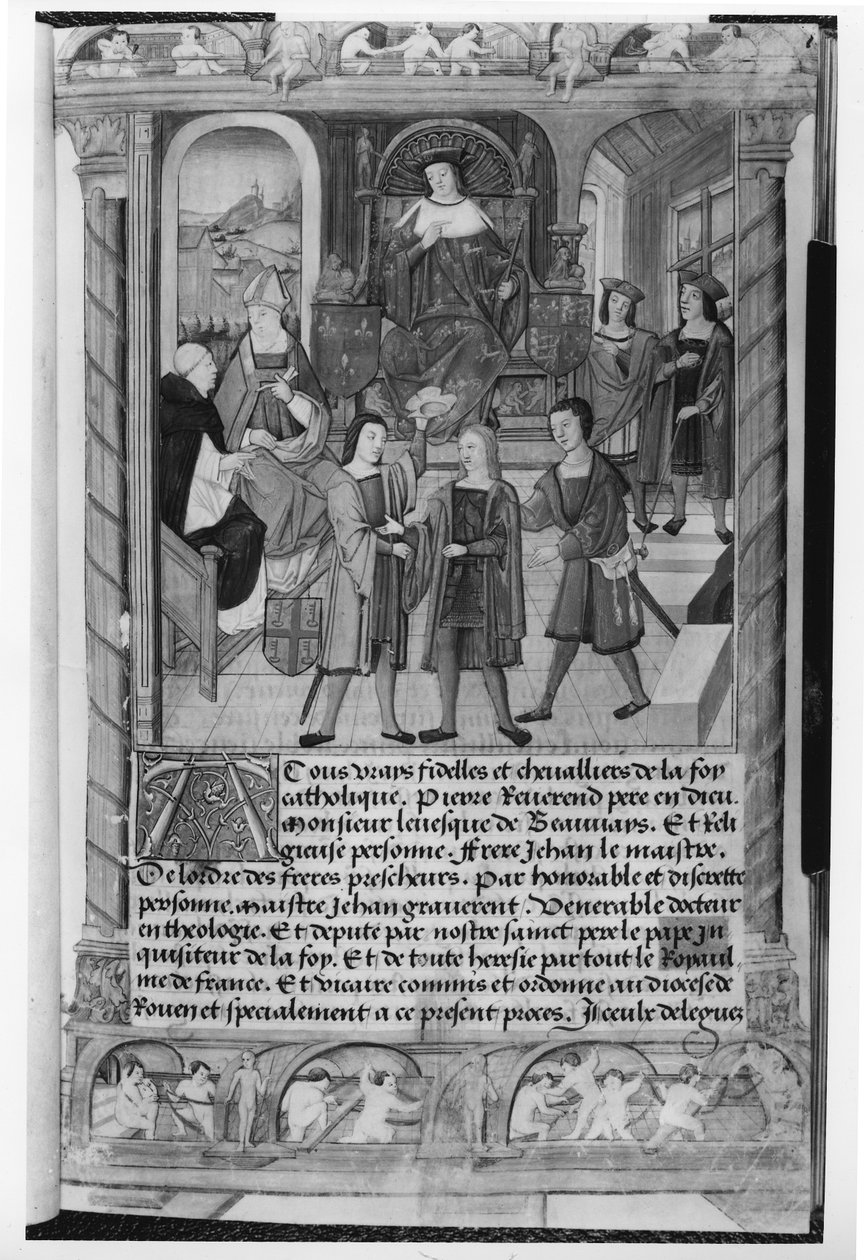 Henry VI (1421-71) og Pierre Cauchon (1371-1442) biskop av Beauvais og Lisieux, fra manuskriptet til Diane de Poitiers (bw-bilde) av Etienne Collant
