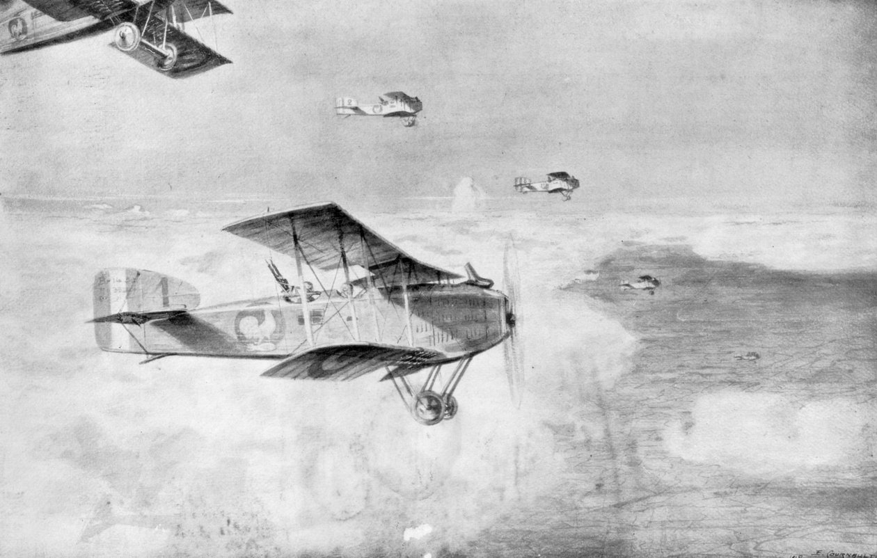 En fransk skvadron med bombefly på dagtid over et hav av skyer, 1918, 1926. av Etienne Cournault