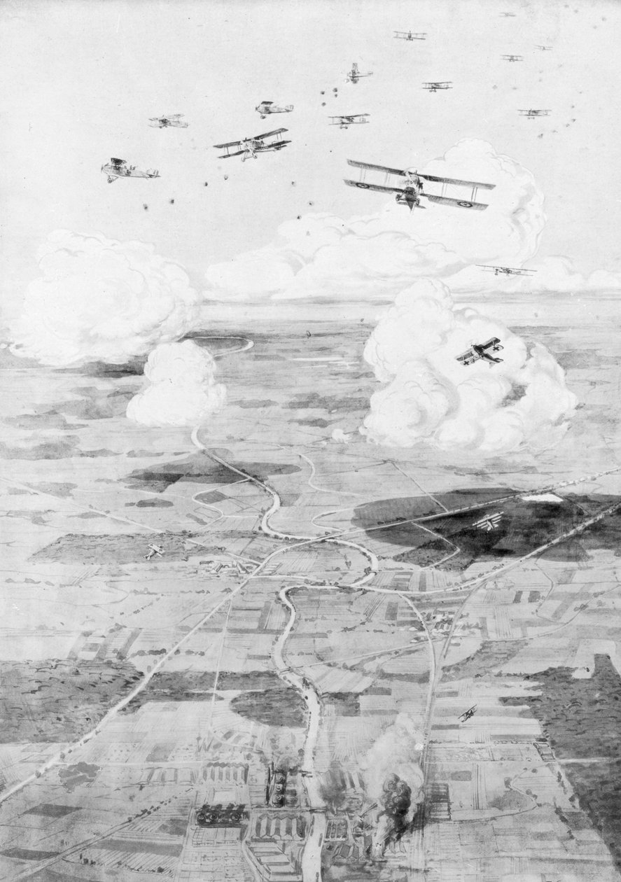 Fransk skvadron på målet, fabrikker ved kanten av en elv, 1918, 1926. av Etienne Cournault