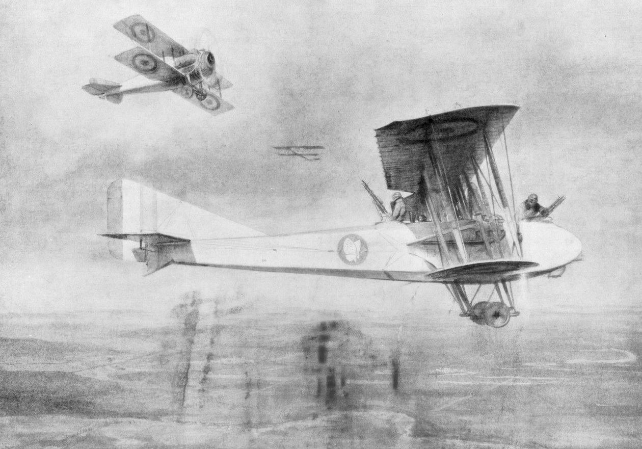 Tre-seters fly på et fotografisk oppdrag, beskyttet av et Spad jagerfly, 1918 1926. av Etienne Cournault