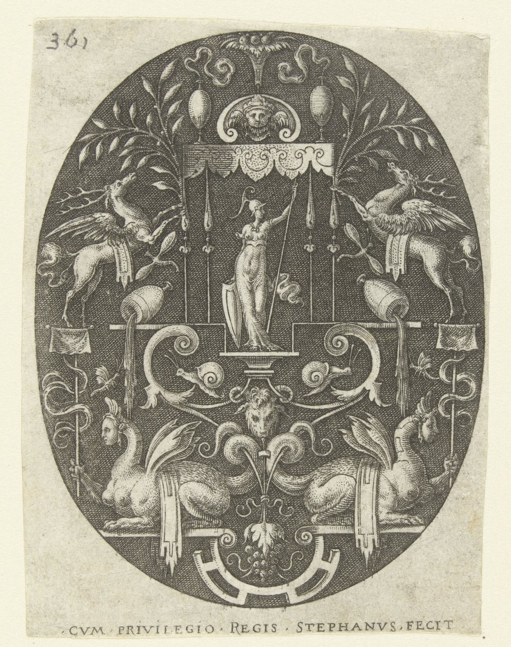 Bellona under en baldakin Ovaler med guder, omgitt av grotesker (serietittel) av Etienne Delaune