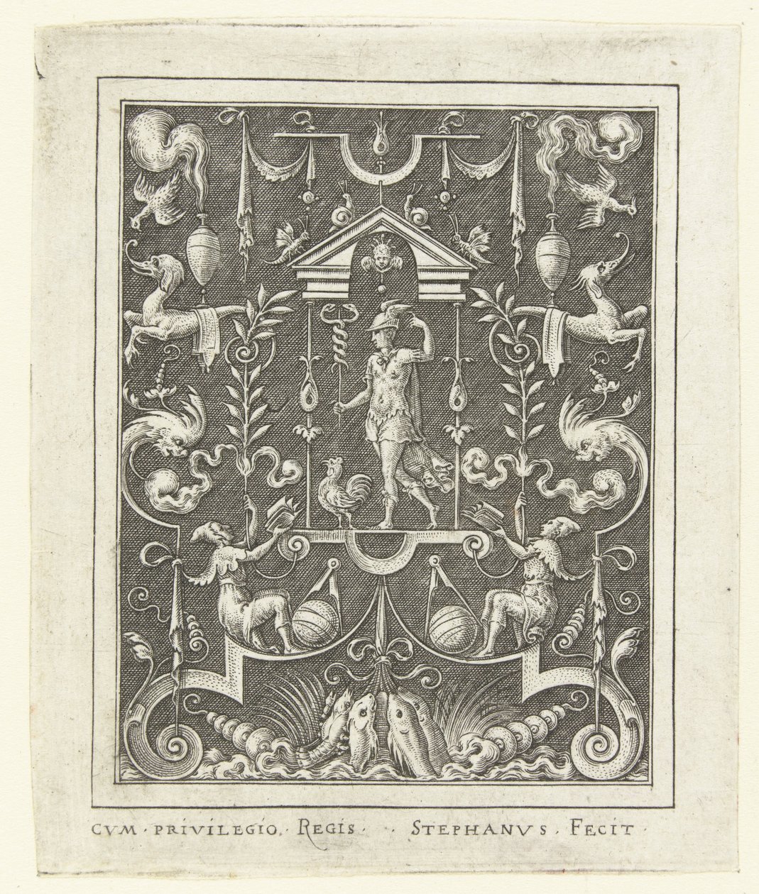 Merkur Overflatedekorasjoner med gudefigurer i en ramme av grotesker (senere versjon) (serietittel) av Etienne Delaune