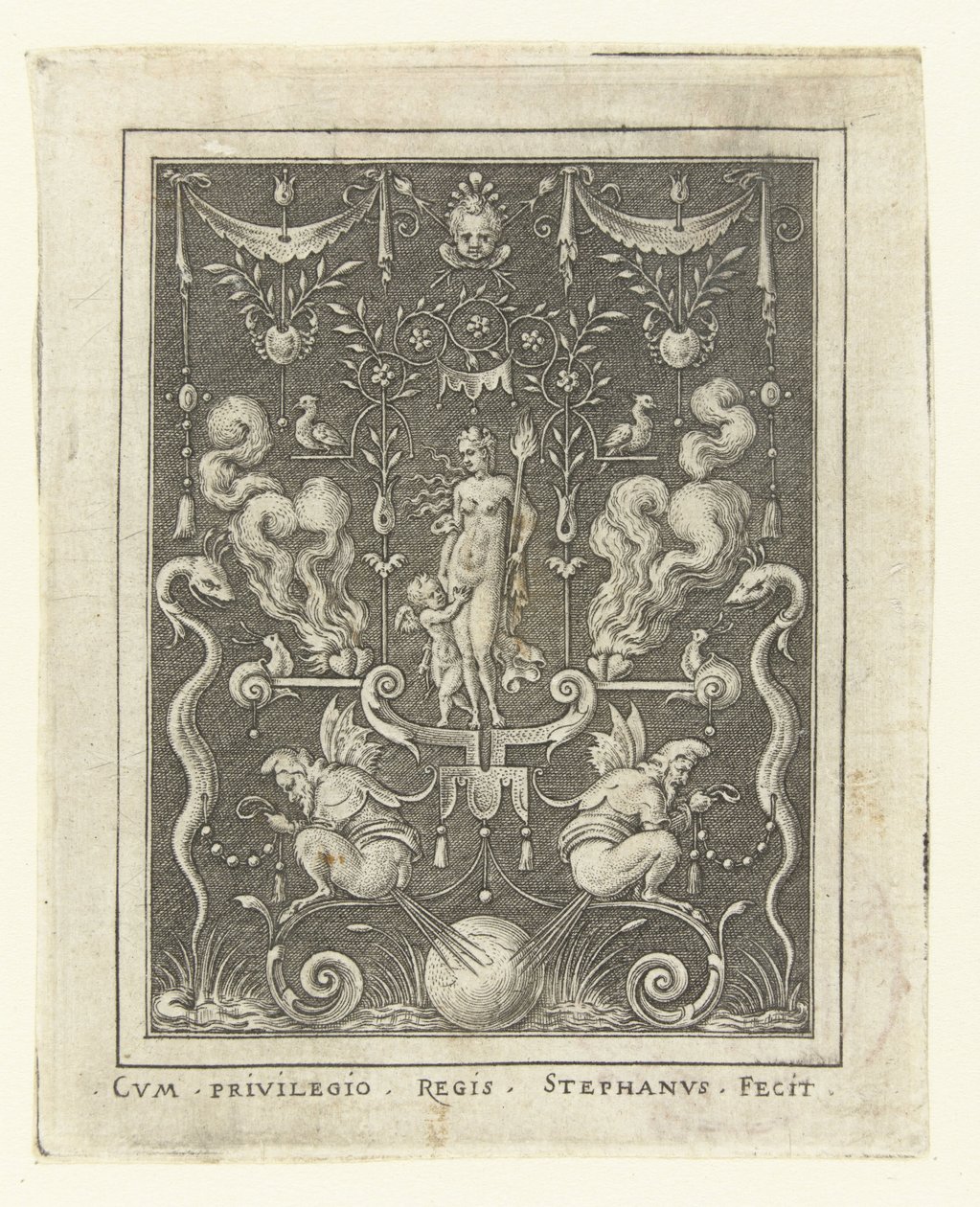 Venus med Amor mellom fire brennende hjerter Overflatedekorasjoner med gudefigurer i en ramme av grotesker (senere versjon) (serietittel) av Etienne Delaune