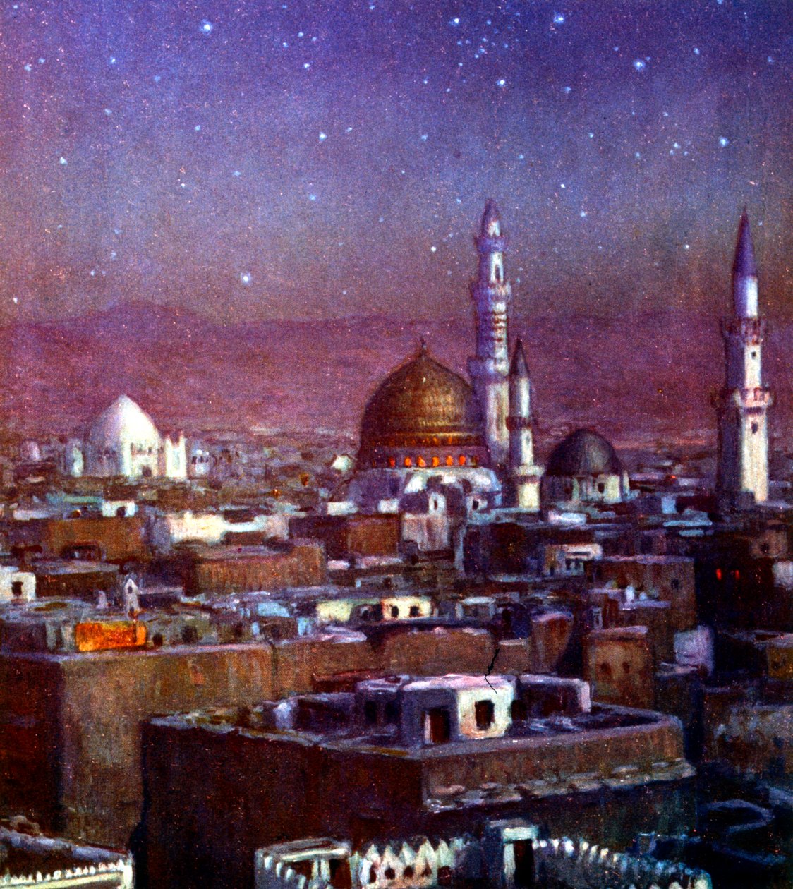 Utsikt over Medina, Arabia, ved måneskinn, som viser kuppelen til profetens grav, 1918 av Alphonse Etienne Dinet
