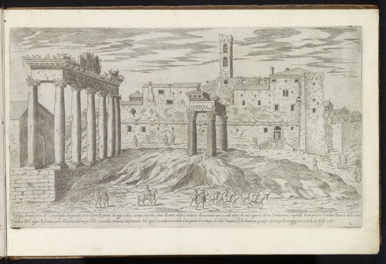 Forum Romanum te Rome Bouwwerken uit de oudheid (serietittel) Restene av Romas antikke samlet og fotografert i perspektiv av Stefano Du Perac Parisino (serietittel på objekt) av Etienne Duperac