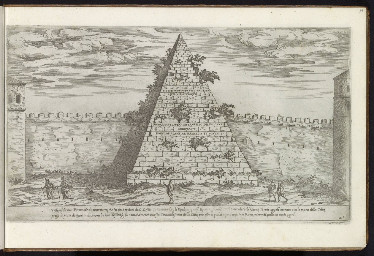 Pyramiden av Cestius i Roma Bouwwerken uit de oudheid (serietittel) Restene av det gamle Roma samlet og fotografert i perspektiv av Stefano Du Perac Parisino (serietittel på objekt) av Etienne Duperac