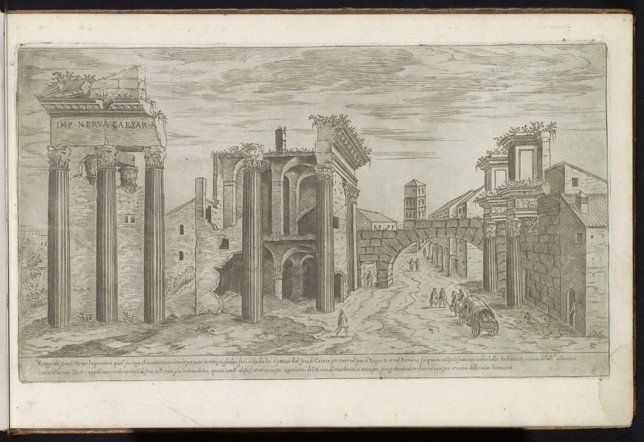 Ruiner ved Forum of Nerva Gamle strukturer (serietittel) I vestigi dell'antichità di Roma raccolti et ritratti in perspettiva da Stefano Du Perac Parisino (serietittel på objekt) av Etienne Duperac