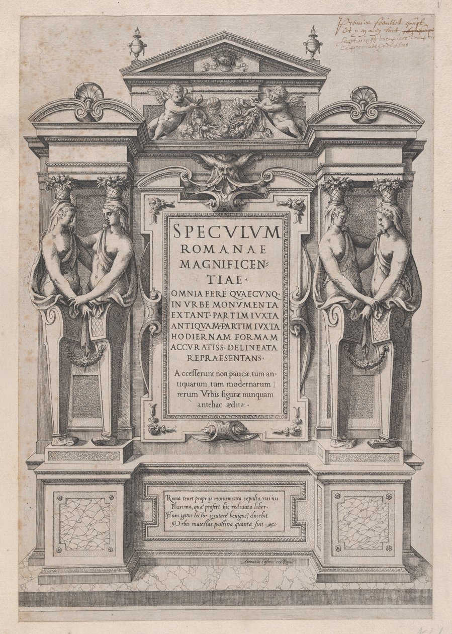 Mirror of Roman Magnificence: Tittelside gravert i arkitektonisk og skulptur..., 1573-77. av Etienne Duperac
