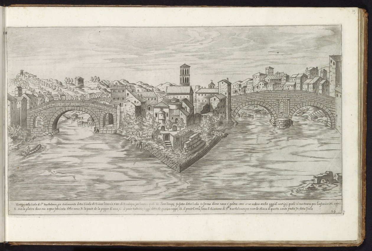 Tibereiland te Roma Bouwwerken uit de oudheid (serietittel) Restene av det gamle Roma samlet og fotografert i perspektiv av Stefano Du Perac Parisino (serietittel på objekt) av Etienne Duperac