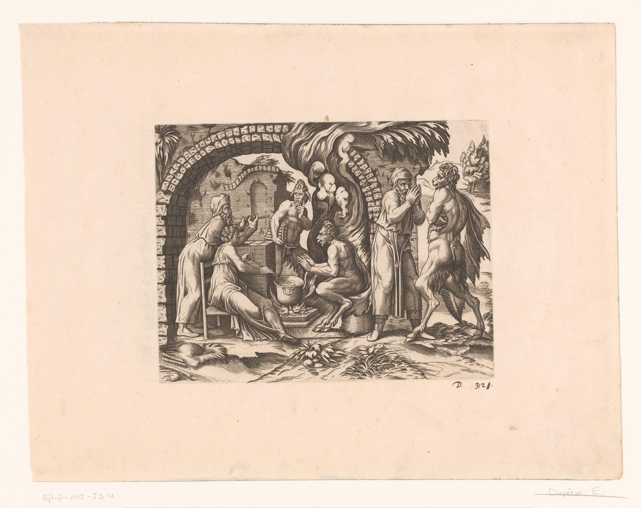 Fabel om satyren og bonden som blåser i suppen hans og i hendene av Etienne Dupérac (attributed to)