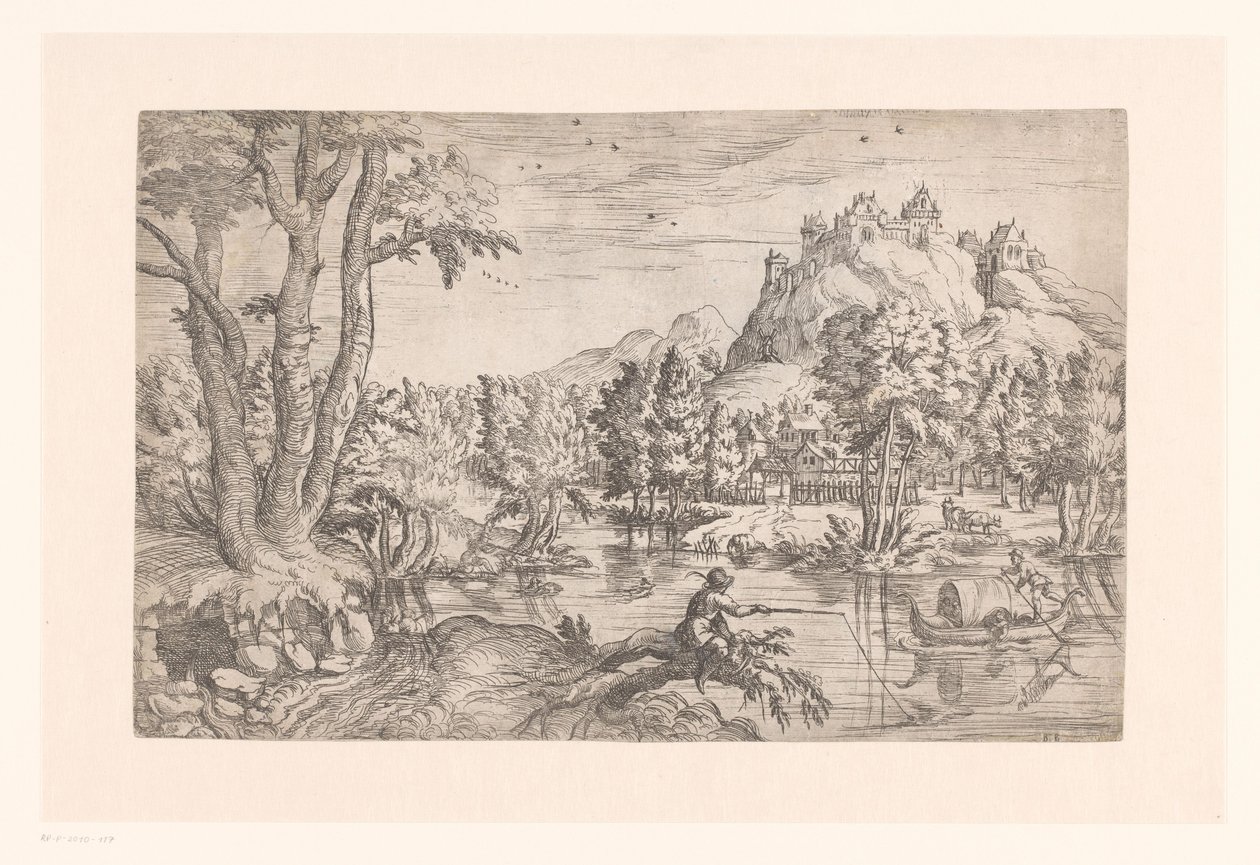 Landskap med fisker og slott på fjelltoppen av Etienne Dupérac (attributed to)