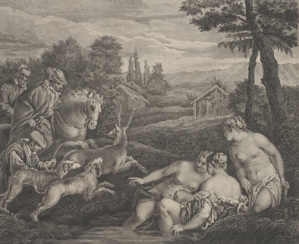 Diana og Acteon forvandlet seg til en hjort, ca. 1742. av Etienne Fessard