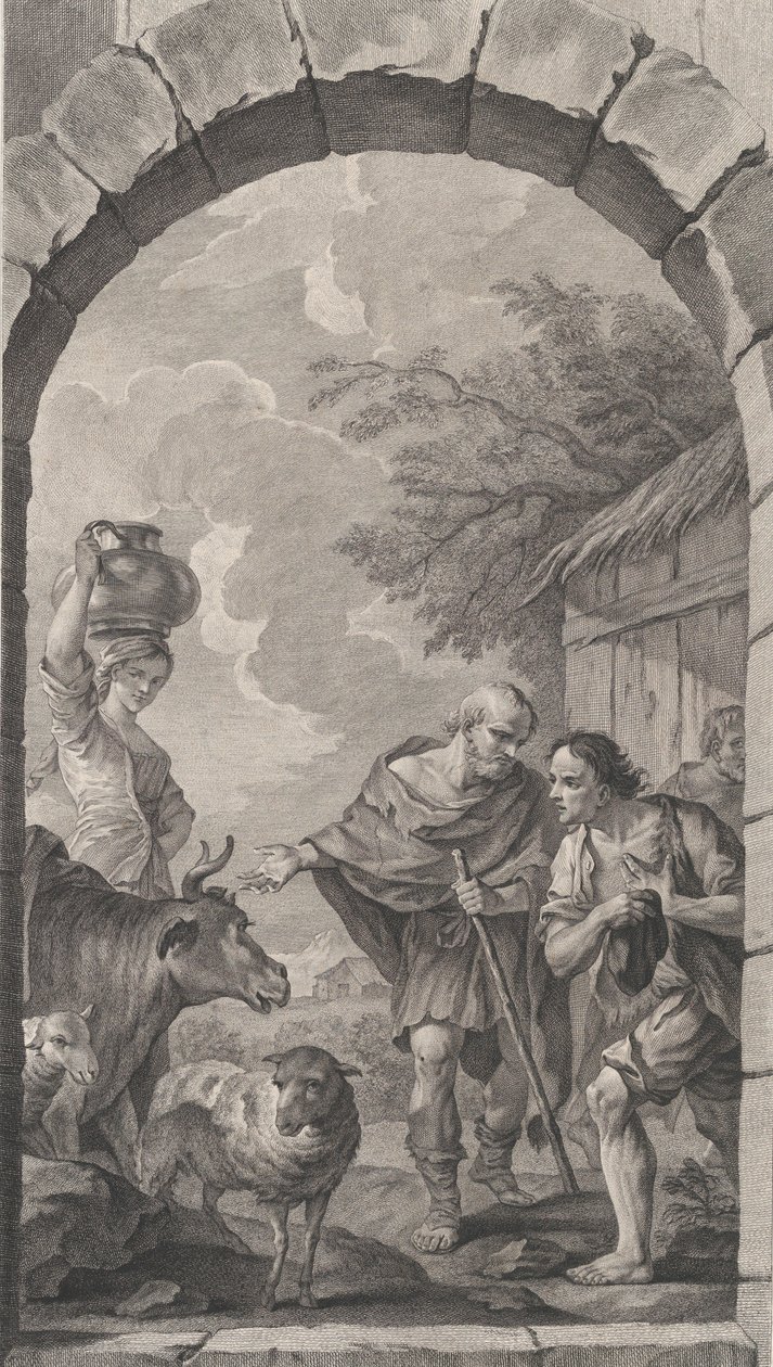 The Chapel of the Foundlings i Paris: Gruppe hyrder foran en hytte, 1757. av Etienne Fessard