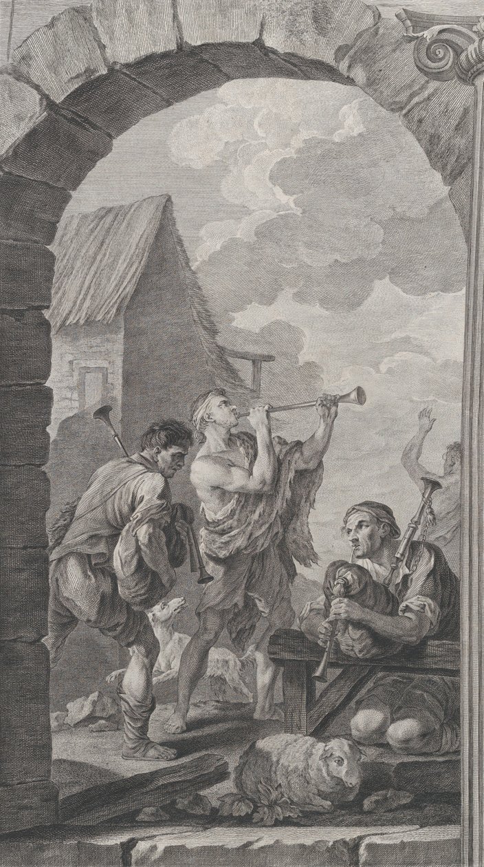 The Chapel of the Foundlings i Paris: Gruppe av hyrder: spillere av trompeter og m..., 1754. av Etienne Fessard