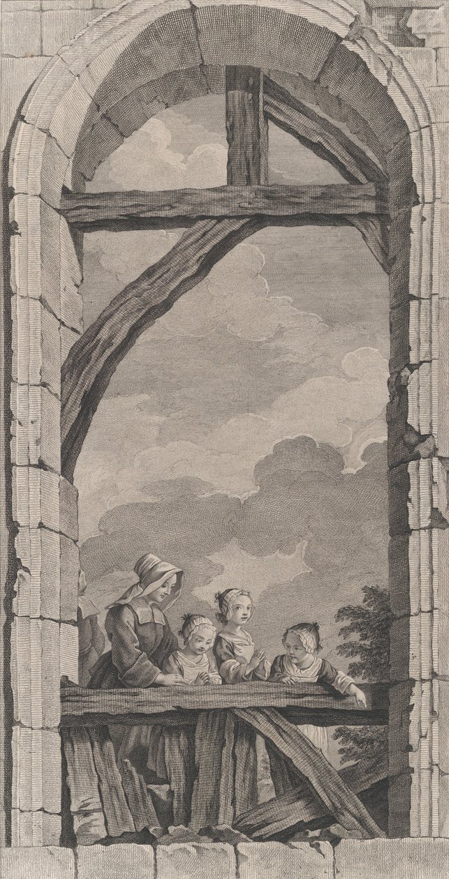 The Chapel of the Foundlings in Paris: Non and Little Girls Watching the Crec..., 1756. av Etienne Fessard
