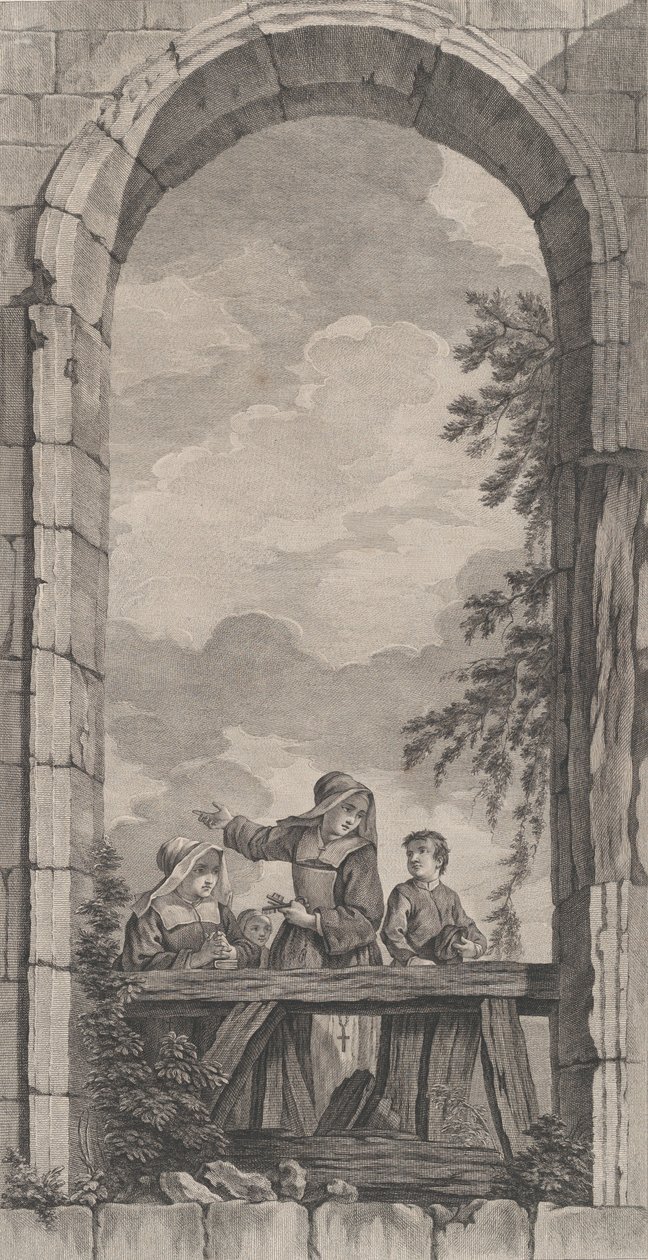 The Chapel of the Foundlings i Paris: Nonner og gutter ser på fødselsscenen,..., 1757. av Etienne Fessard