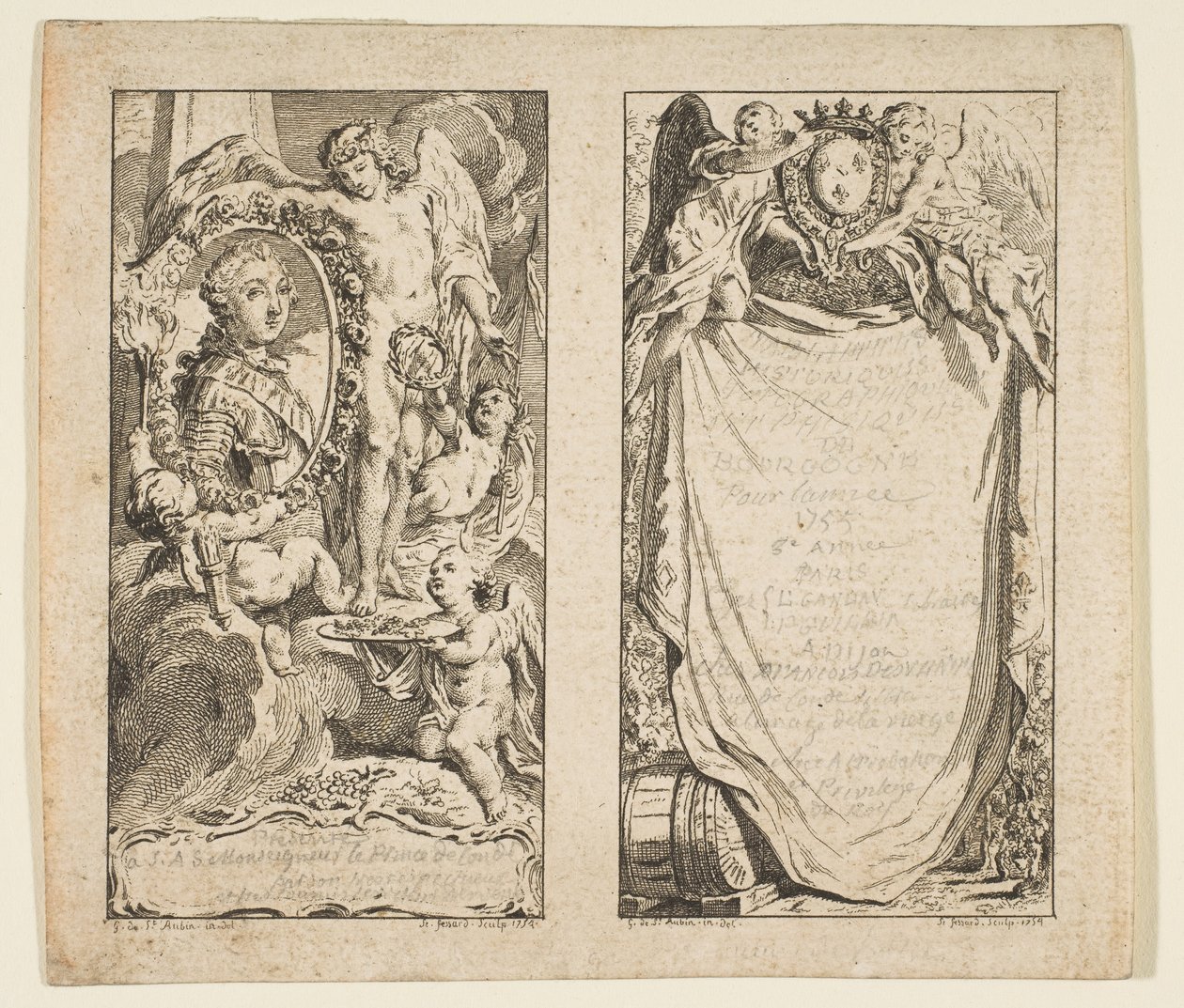 Vignetter for de historiske, topografiske og fysiske tavlene i Burgund, 1755. av Etienne Fessard