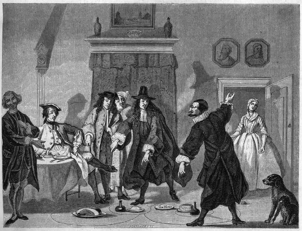 Komediescene i et nederlandsk teater på 1700-tallet. Gravering av Bocour etter en gouache av Troost av Etienne Gabriel Bocourt