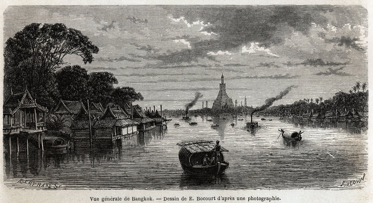 Generelt bilde av Bangkok (Thailand), tegning av E.Bocour, for å illustrere Henri Mouhots reise til kongedømmene Siam, Kambodsja og Laos fra 1858 til 1861. Gravering i “” Le tour du monde””, redigert av Edouard Charton av Etienne Gabriel Bocourt