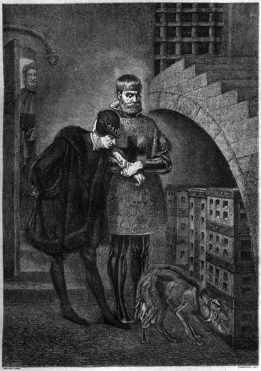 Kong Louis XI av Frankrike (1423-1483) på besøk hos fangen Jean de La Balue (kardinal Balue) (1421-1491), innelukker i et jernbur. Gravering av Bocour etter maleriet av Gerome av Etienne Gabriel Bocourt