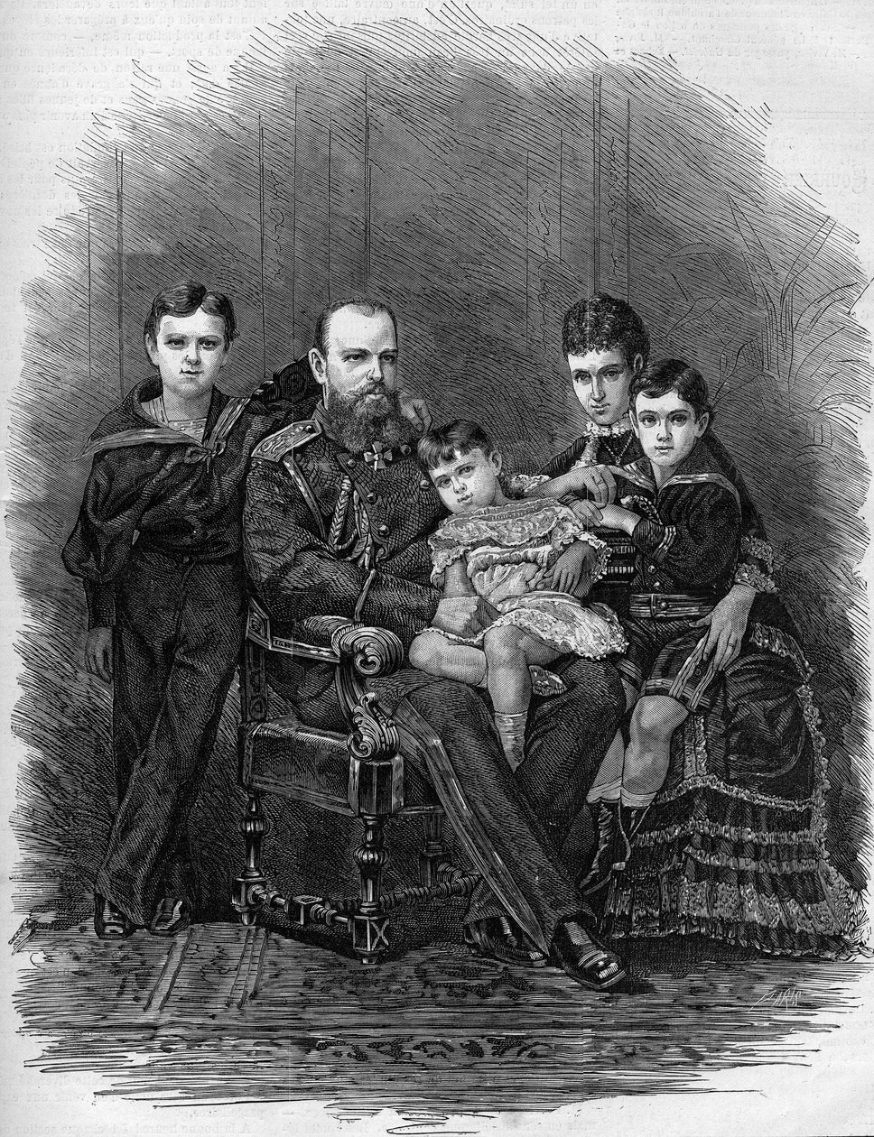 Portrett av den russiske keiserfamilien i 1881: Tsar Alexander III (1845-1894) og Mary Feodorovna (eller Fiodorovna, eller Fedorovna) (Mary Sophie Dagmar av Etienne Gabriel Bocourt