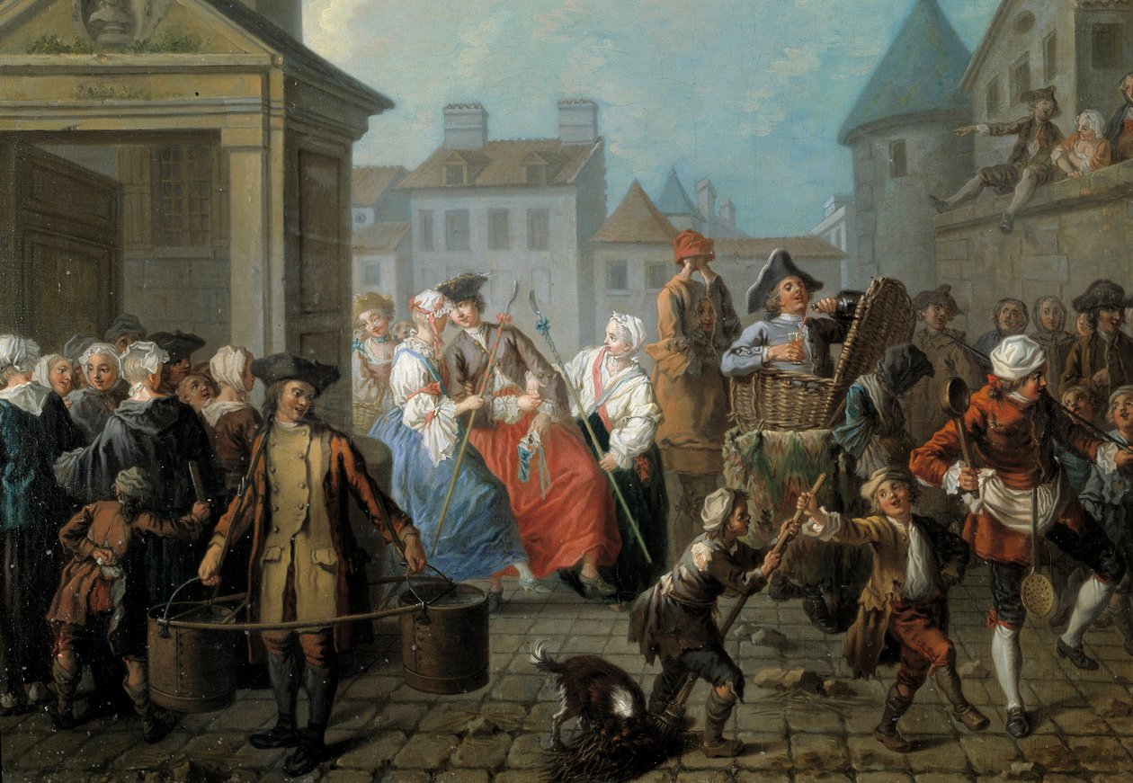 Karneval i gatene i Paris Detail. Maleri av Etienne Jeaurat (1699-1789) 1757. Dim. 0,65 x 0,82m Paris, musee Carnavalet av Étienne Jeaurat