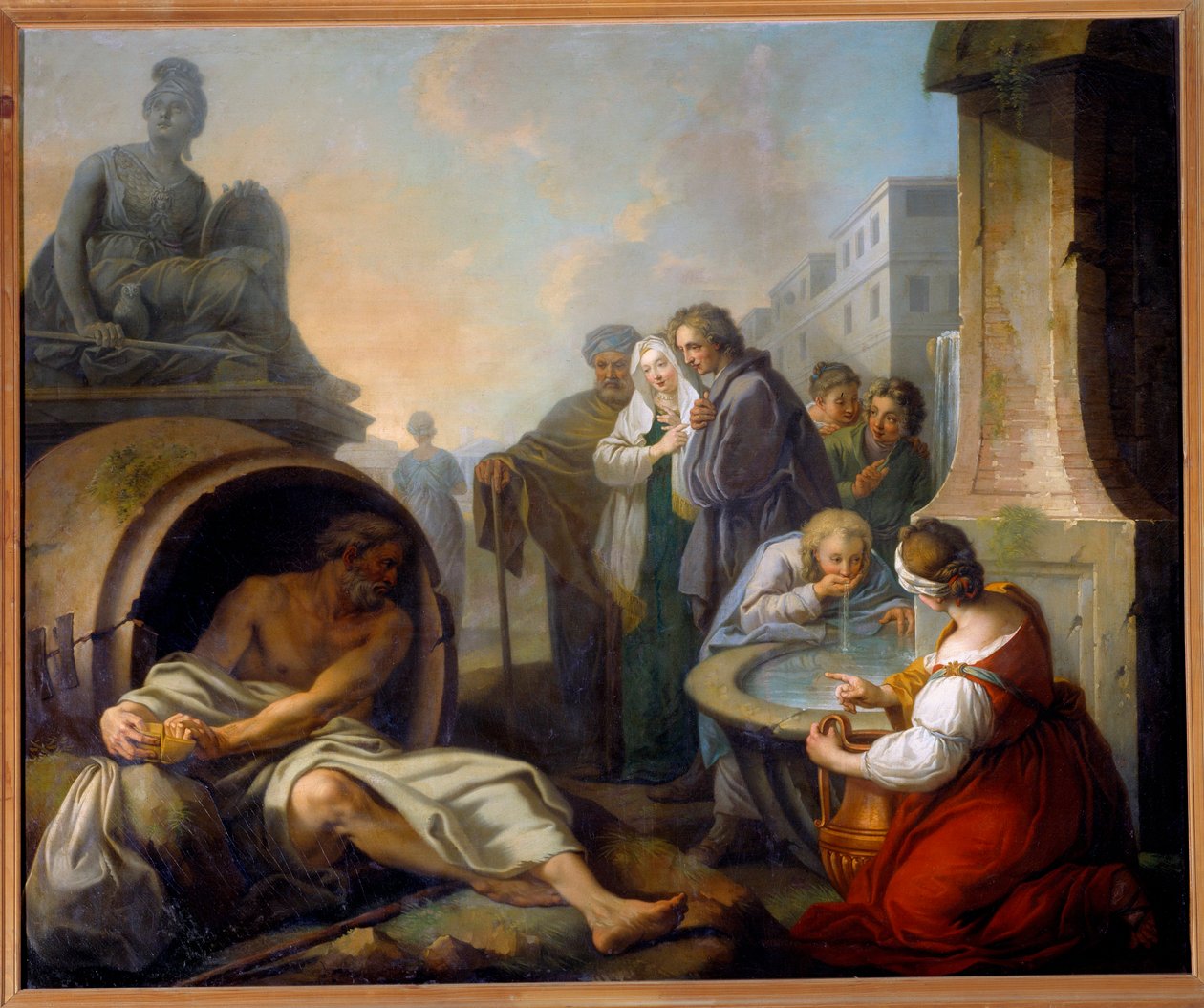 Diogene bryter sin ekulære Diogene av Sinope kalt kynikeren (413-327 f.Kr.), gresk filosof, forlater sin ekulære etter å ha sett et barn drikke vann i hendene ved fontenen. Maleri av Etienne Jeaurat (1699-1789) 1700-tallets søn. 1,62x1,95 m Paris, av Étienne Jeaurat