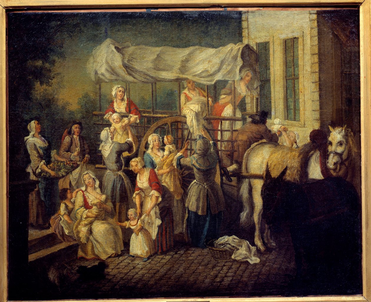 The Arrival of Nurses Maleri av Etienne Jeaurat (1699-1789) Laon fra 1700-tallet, kommunalt museum av Étienne Jeaurat