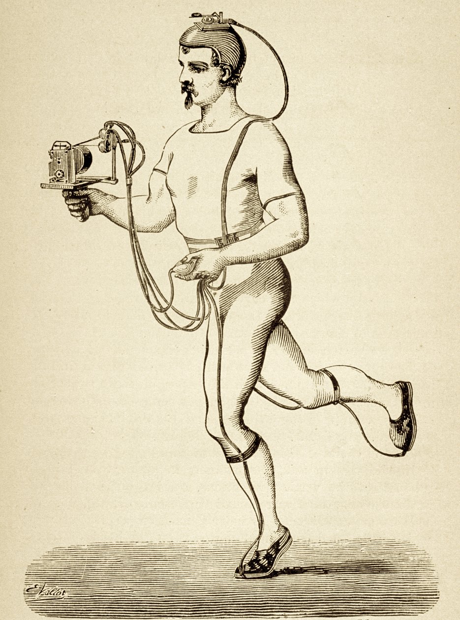 Runner utstyrt med apparatet beregnet på å registrere hans forskjellige skritt, fra Popular Science Monthly, pub.1875 av Etienne Jules Marey