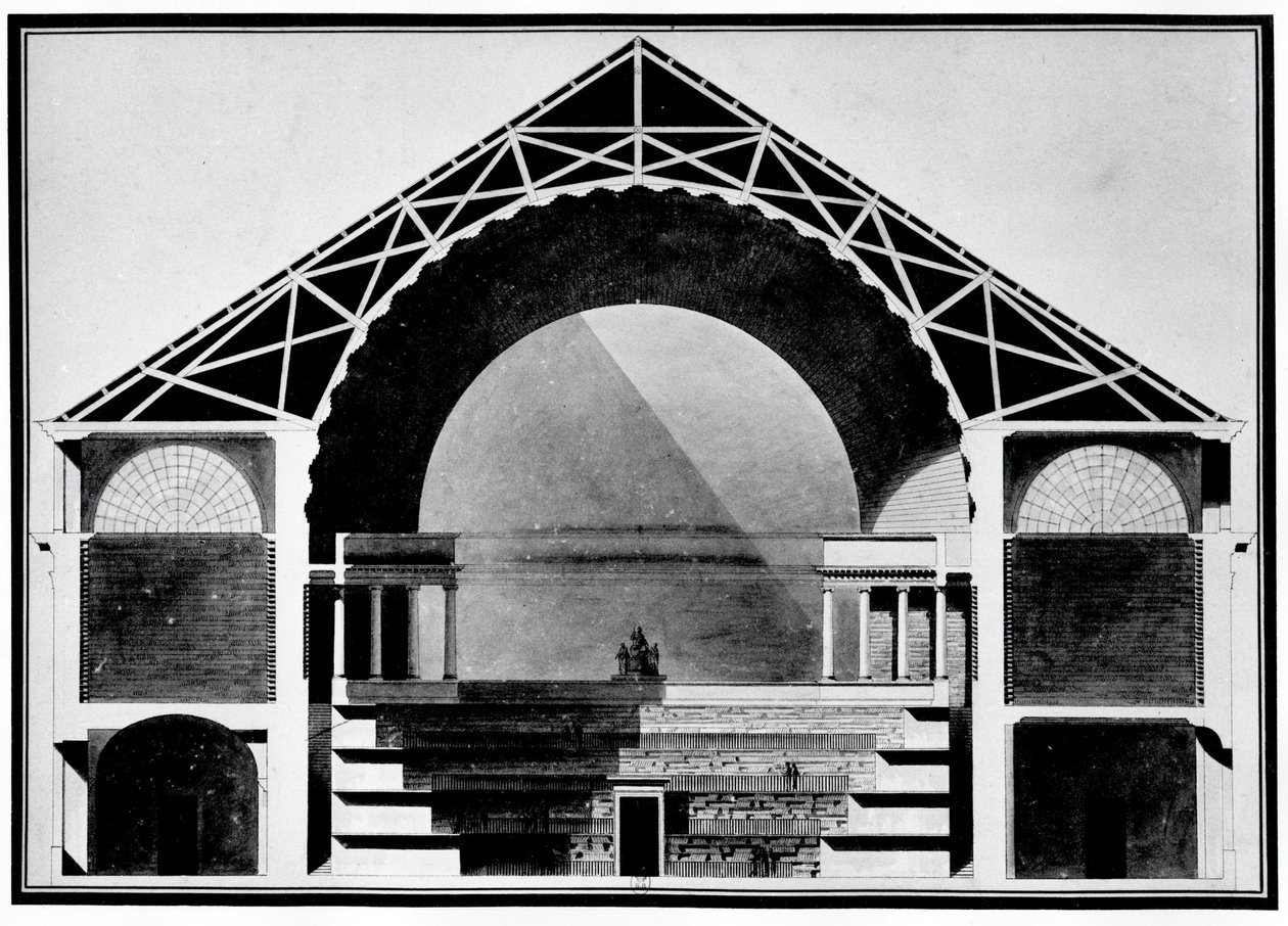 Bibliotheque Royale de France, tverrsnittstegning av bygningen. Arkitektur av Etienne Louis Boullee (Etienne-Louis Boullee), fransk arkitekt (1728-1799). av Etienne Louis Boullee
