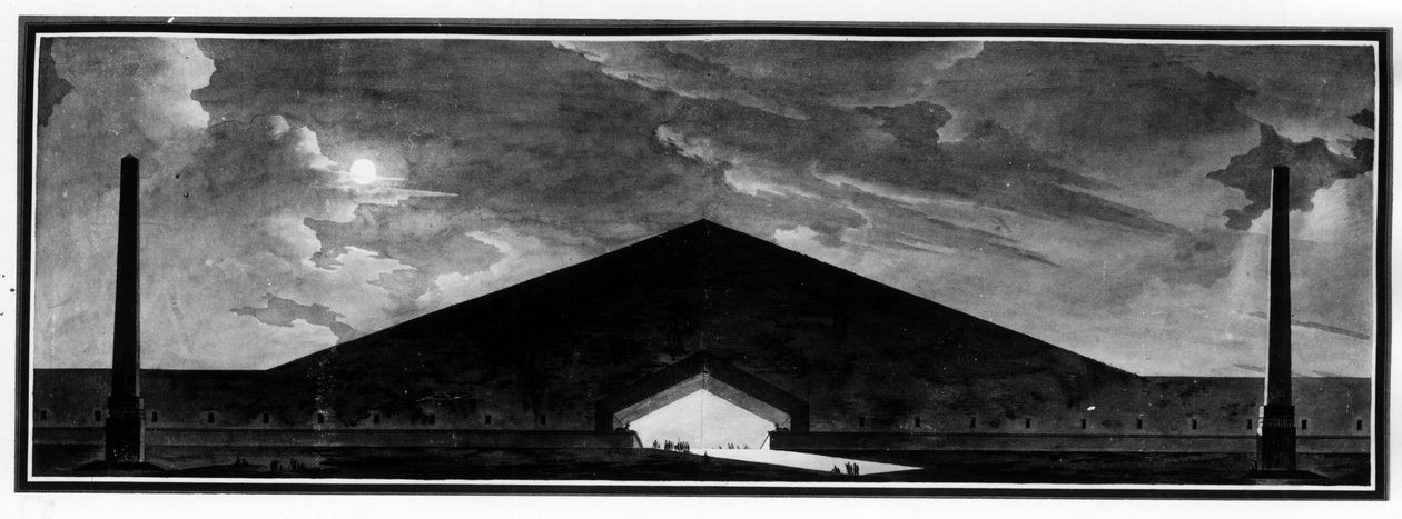 Begravelsesmonument "" som karakteriserer sjangeren skyggearkitektur"" - E.L. Boullee. av Etienne Louis Boullee