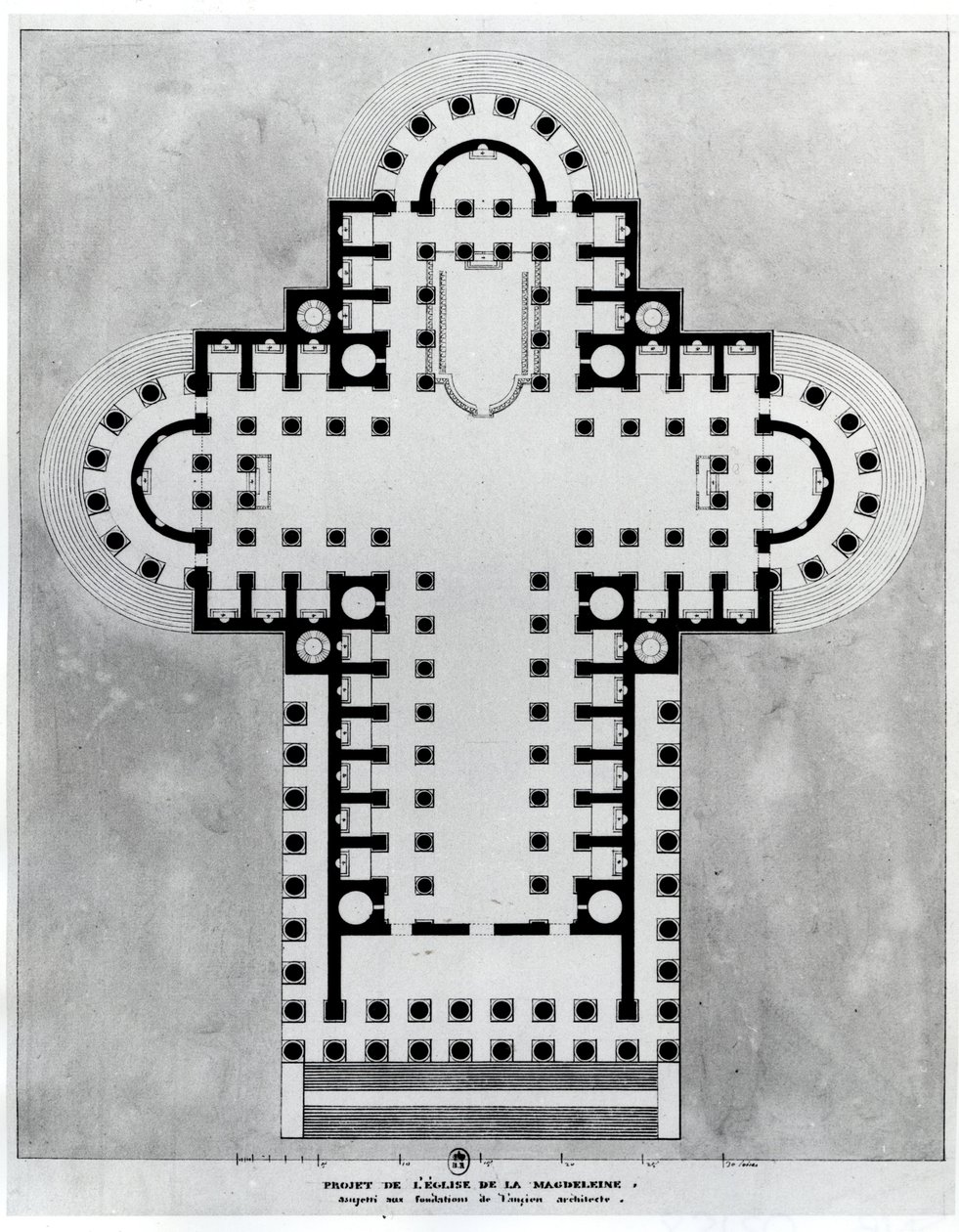 Prosjekt for Madeleine-kirken. Tegning. Arkitektur av Etienne Louis Boullee (Etienne-Louis Boullee), fransk arkitekt (1728-1799). av Etienne Louis Boullee