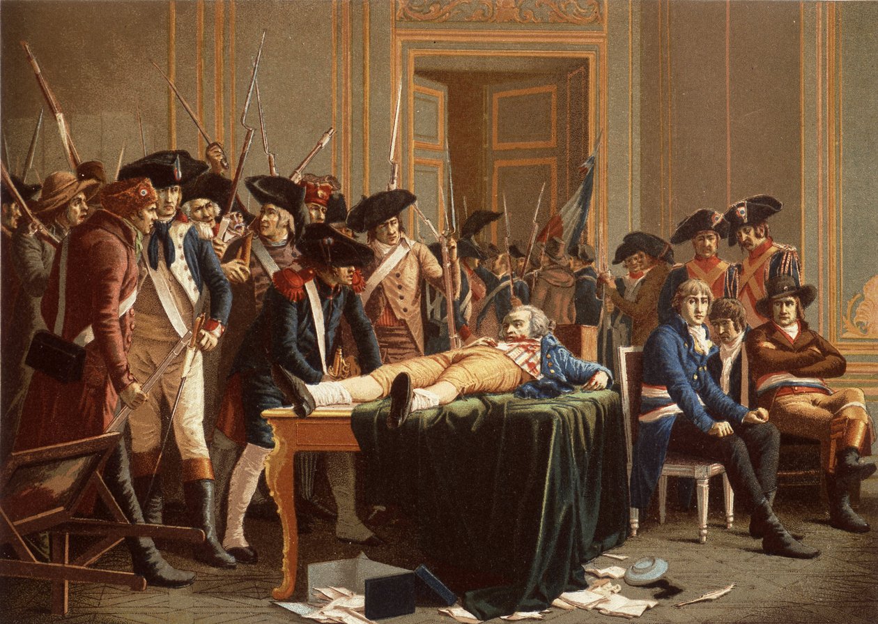 Morgenen den 10. Thermidor år II; Maximilien de Robespierre, med en brukket kjeve, spredt på et bord (chromolitho) av Etienne Lucien (after) Melingue