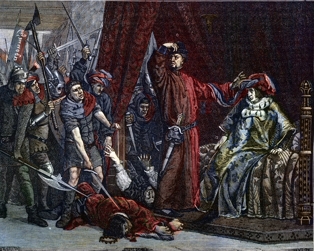 Hundre års krig: "" Delfinen Charles (den gang Charles V) (1338-1380) (den første delfinen i Frankrike) og Etienne Marcel (1302/1310-1358) som myrdet to ministre (marechaux) Robert de Clermont og Jean de Konflans i rommet til den franske delfinen kl av Etienne Lucien Melingue
