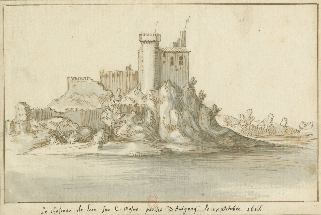 Slottet L#39;aire sur le Rosne nær Avignon 17. oktober 1616  Utsikt over slottet Lair ved Rône  nær Avignon, 17. oktober 1616 - Crop av Etienne Martellange
