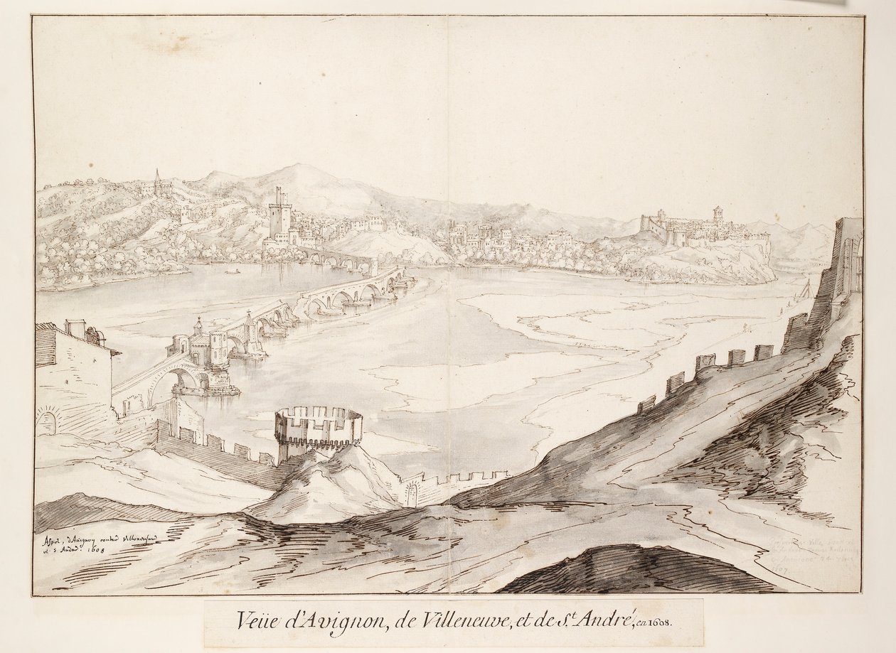 Utsikt over broen ved Avignon med utsikt mot Villeneuve, tidlig på 1600-tallet av Etienne Martellange