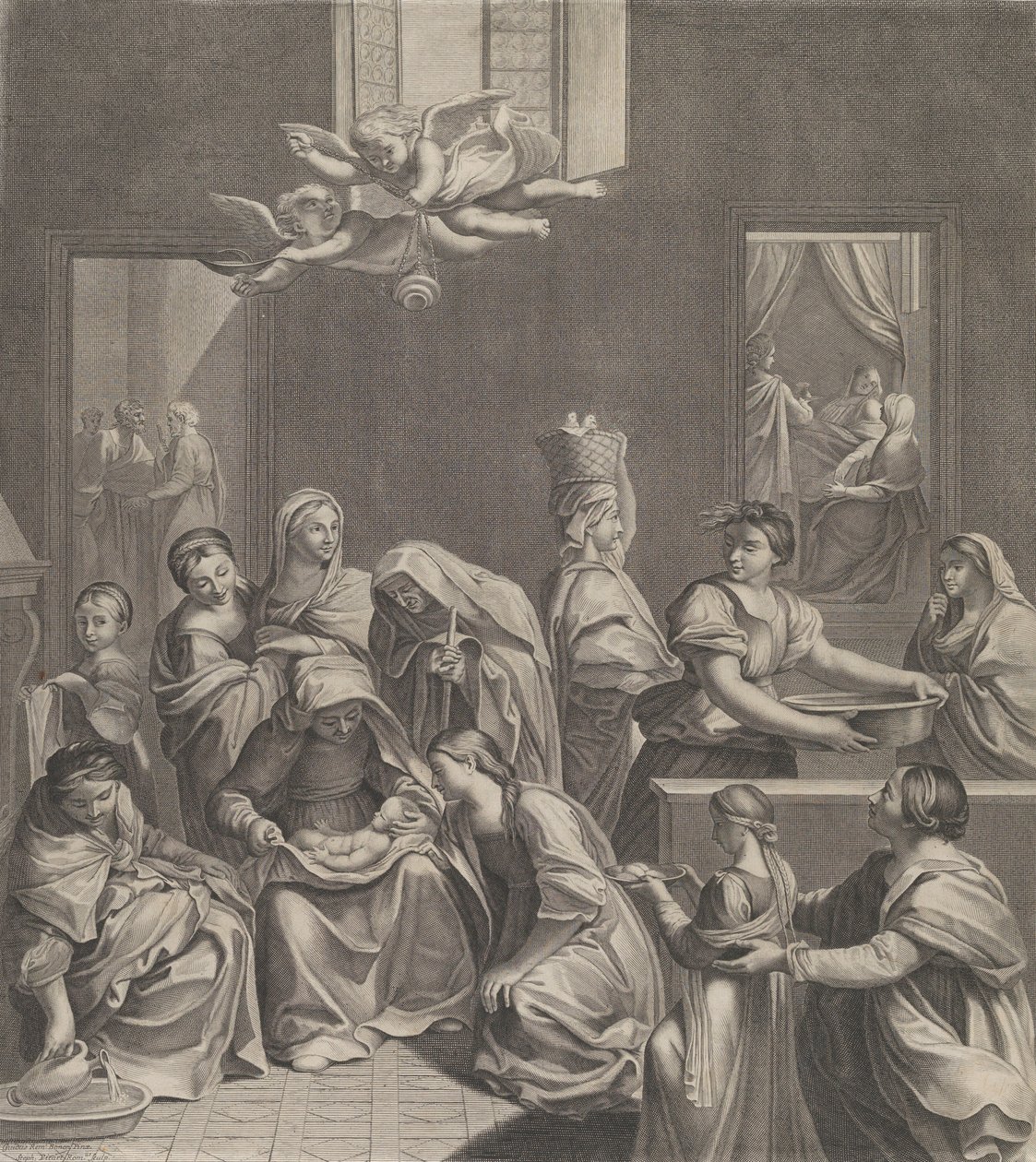 Jomfruens fødsel, kvinne sittende med et spedbarn i fanget, mange kvinner rundt..., 1677. av Etienne Picart