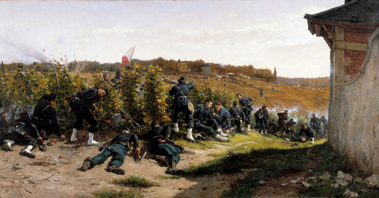 Krigen i 1870: "" Tirailleurs de la Seine au combat de Rueil Malmaison den 21. oktober 1870""" trefning under forsvaret av Paris. Maleri av Etienne Berne Bellecour (1838-1910) 1875 Søn. 1,03x2,03m av Etienne Prosper Berne Bellecour
