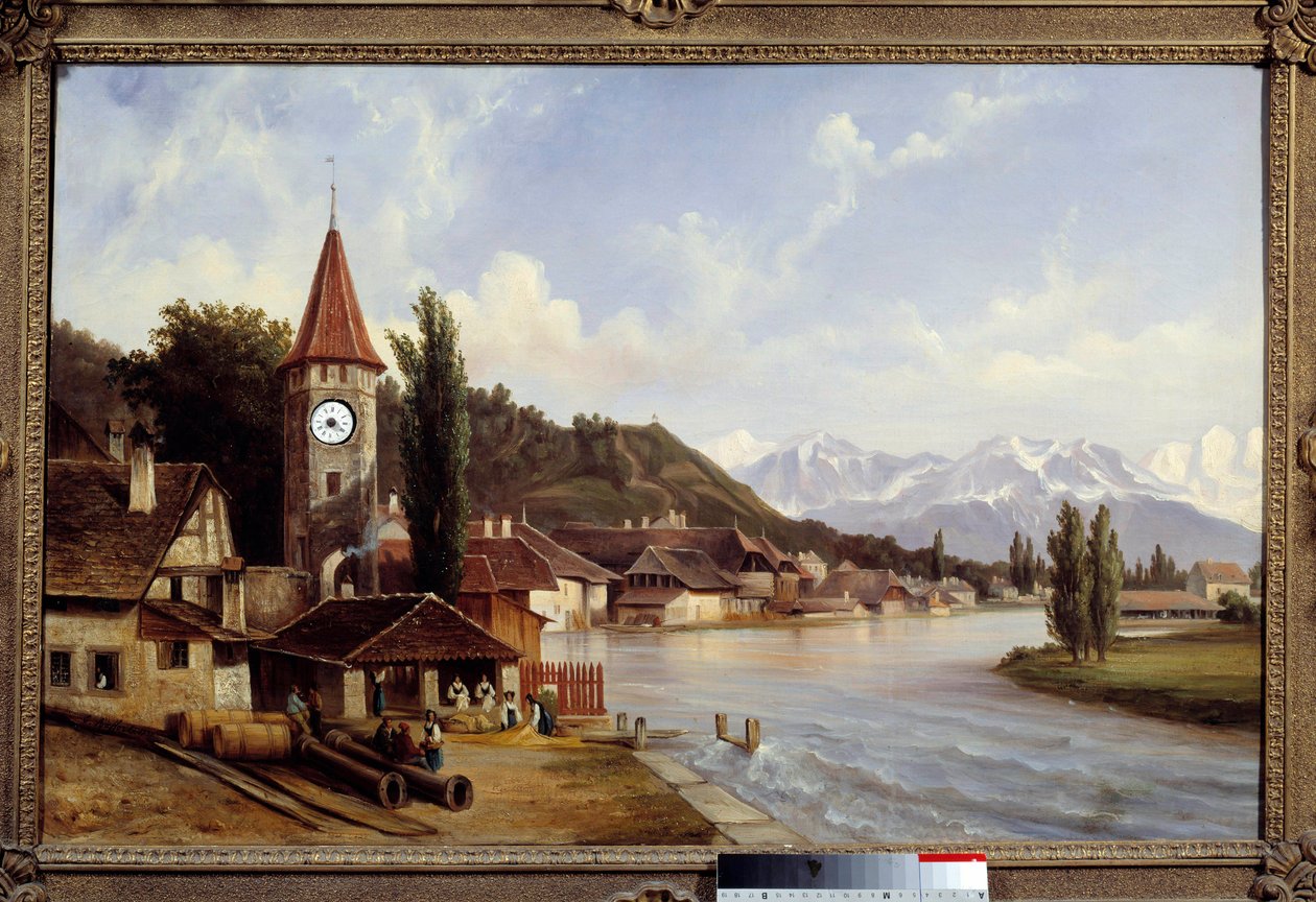 Utsikt over landsbyen Thun i Sveits. Maleri av Etienne Raffort (1802-1895) av Etienne Raffort
