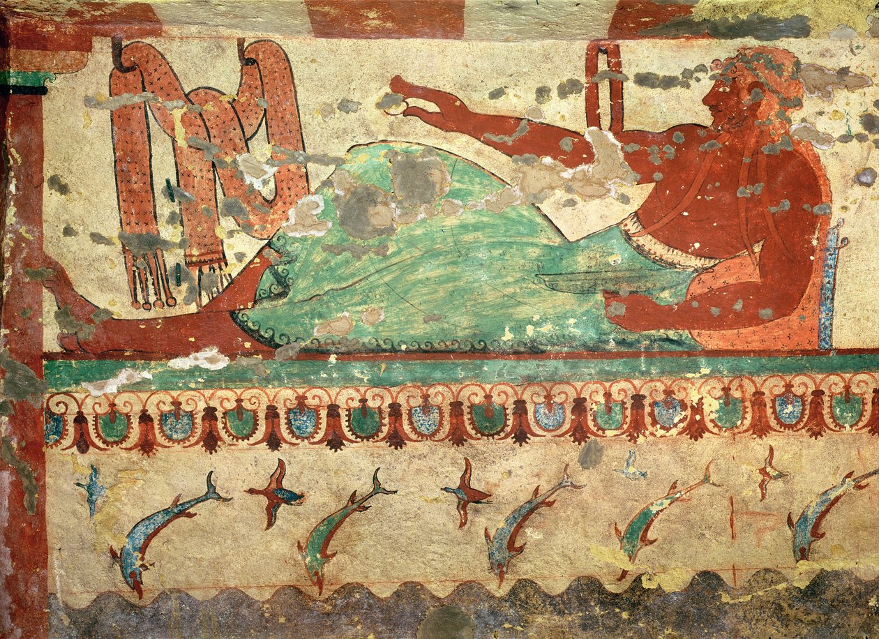 En gjest ved en begravelsesbankett med et egg i hånden, fra løvenes grav, ca. 520 f.Kr. (veggmaleri) av Etruscan