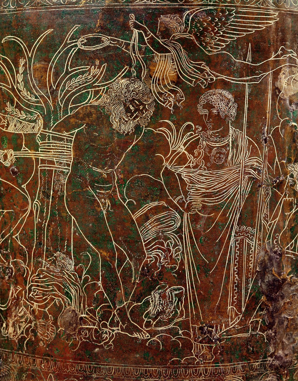 Amycus bundet til et tre av Pollux, detalj fra Ficoroni Cista, fra Palestrina, ca. 320 f.Kr. (bronse) av Etruscan