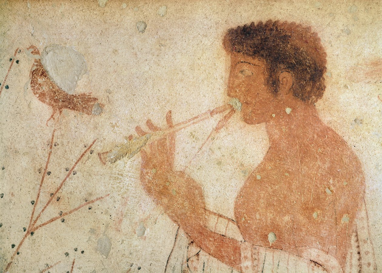 Detalj av musiker som spiller en dobbel fløyte, fra graven til triklinium, ca. 470 f.Kr. (veggmaleri) av Etruscan