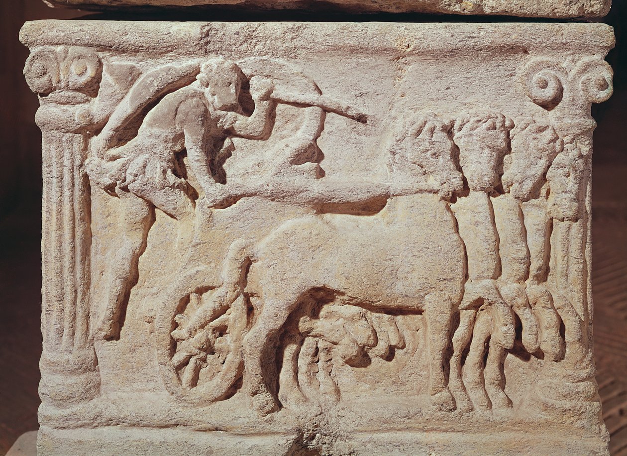 Detalj av en quadriga fra en sarkofag, Mann med en kalveterrakotta av Etruscan