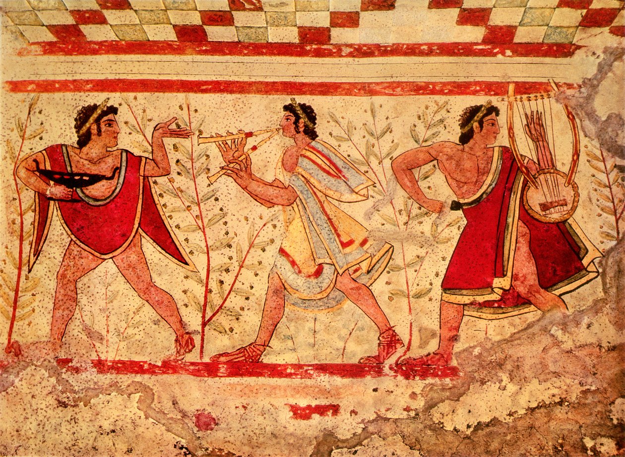 Etruskiske musikere, kopi av en freskomaleri fra 500-tallet f.Kr. i Leopardens grav i Tarquinia av Etruscan