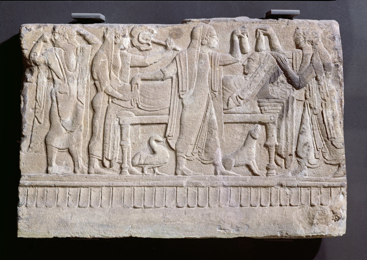 Begravelsesmonument som viser sørgende rundt utleggingen av et lik før kremasjon, ca. 490-480 f.Kr. (vulkansk stein) av Etruscan