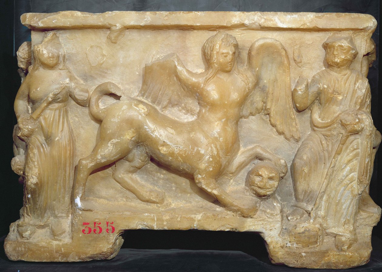 Begravelsesurne som viser Ødipus og sfinksen (alabaster) av Etruscan