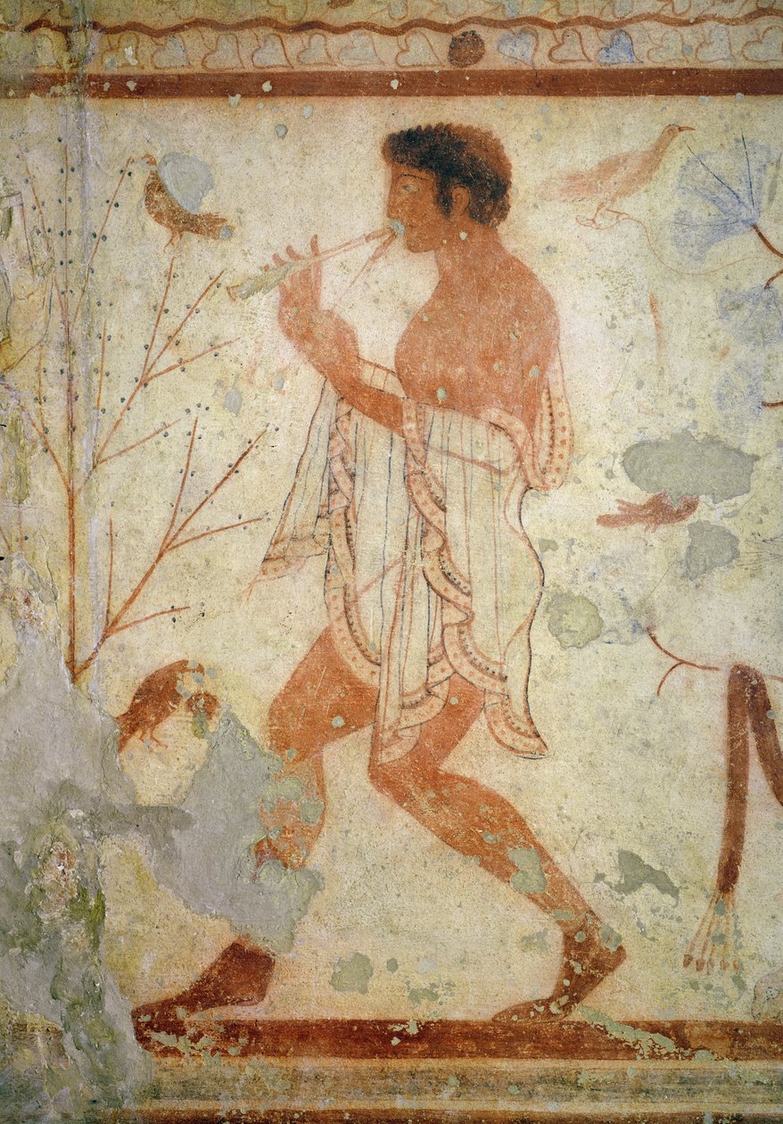 Musiker som spiller en dobbelfløyte, fra graven til triklinium, ca. 470 f.Kr. (veggmaleri) av Etruscan