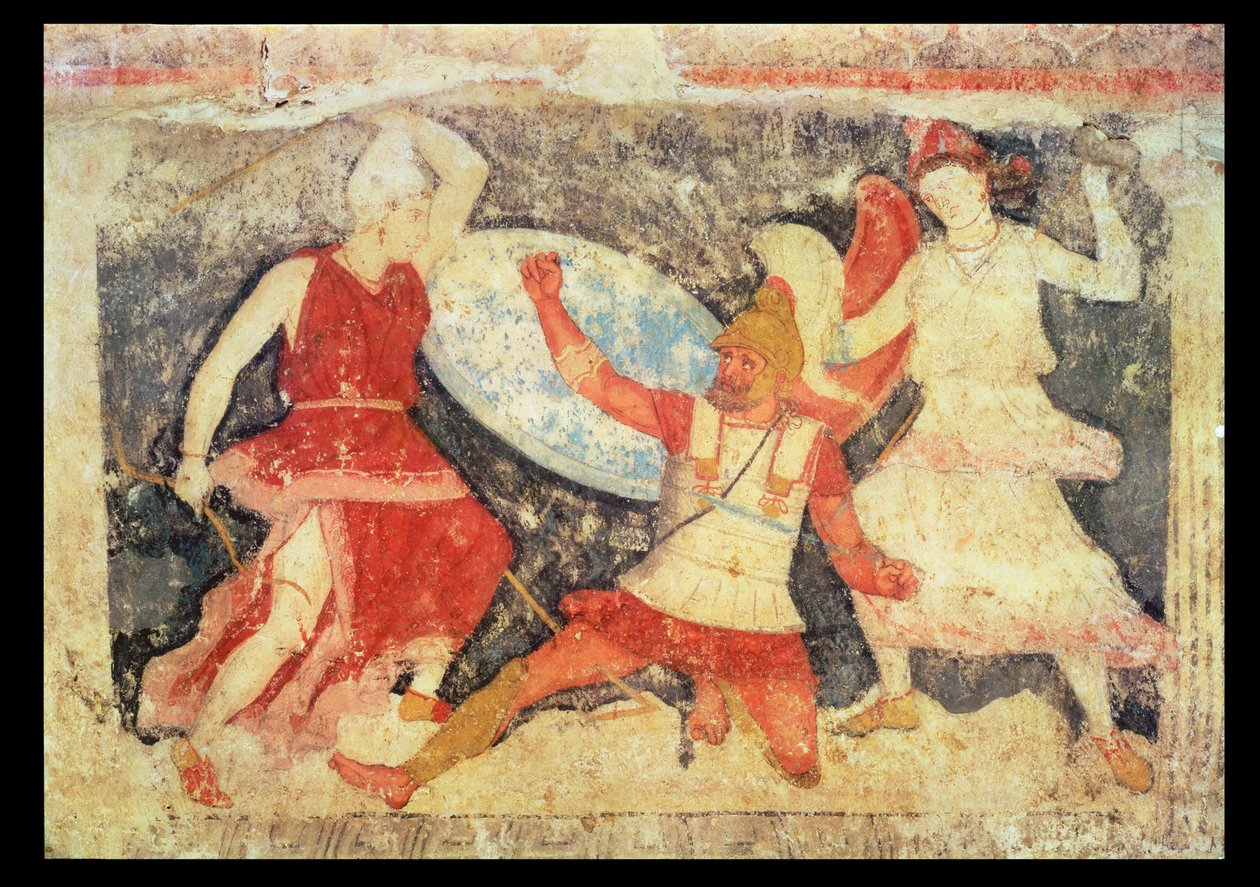 To amasoner i kamp med en greker, fra Tarquinia, 370-360 f.Kr. (veggmaleri) av Etruscan