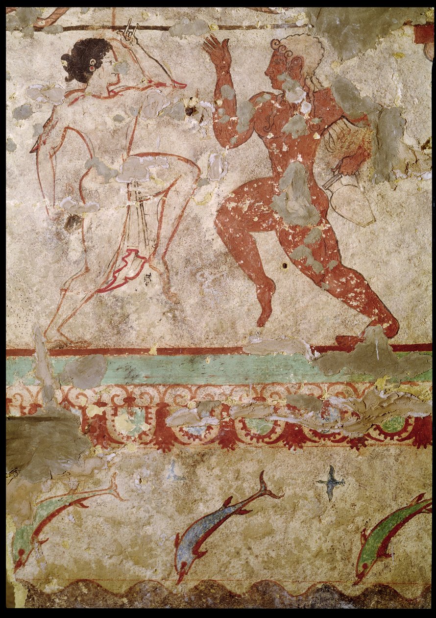 To dansere og delfiner som hopper gjennom bølger, frise fra løvinnenes grav i nekropolisen, ca. 520 f.Kr. (veggmaleri) av Etruscan